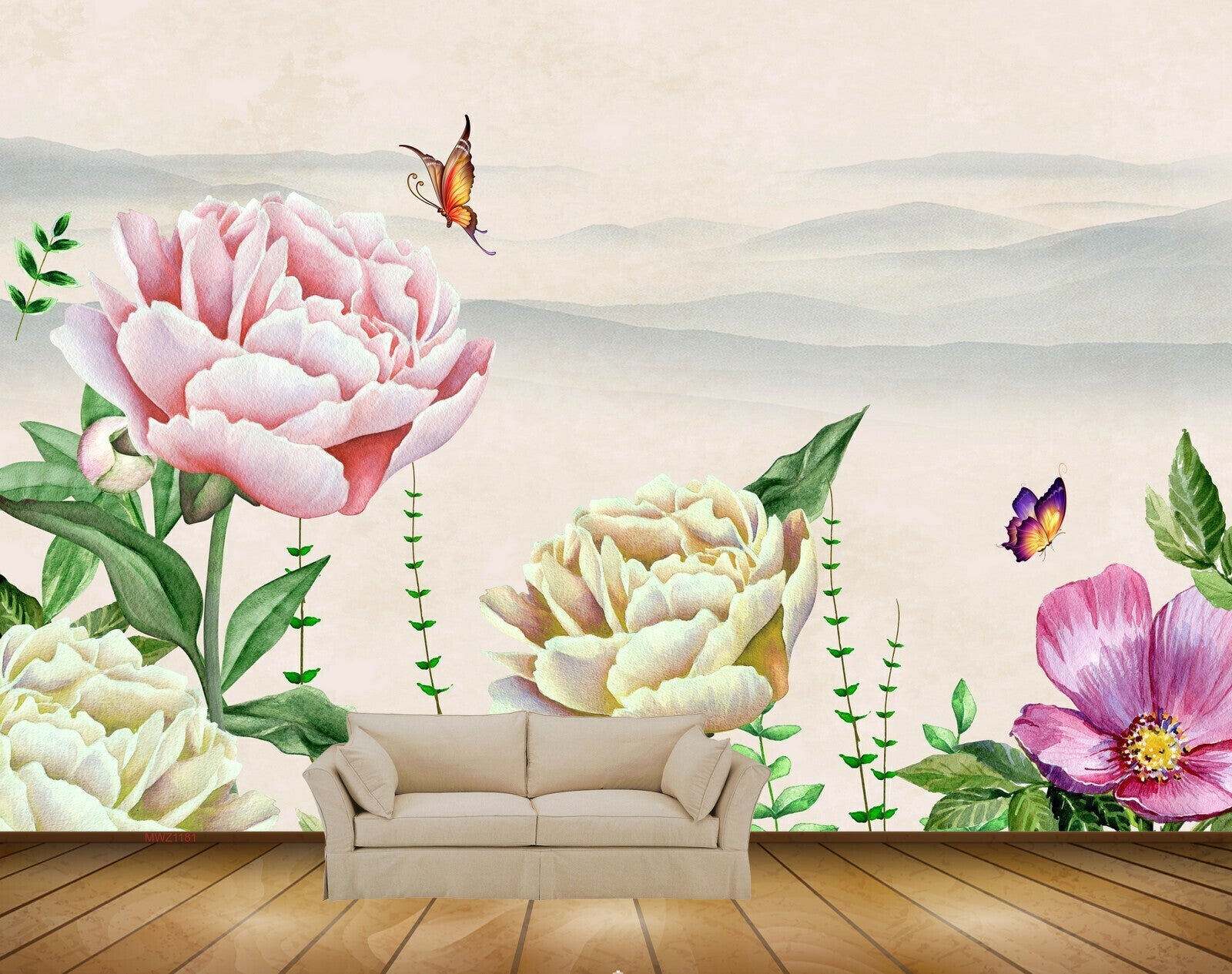 Avikalp MWZ1181 Pink Yellow Flowers Butterflies 3D HD Wallpaper
