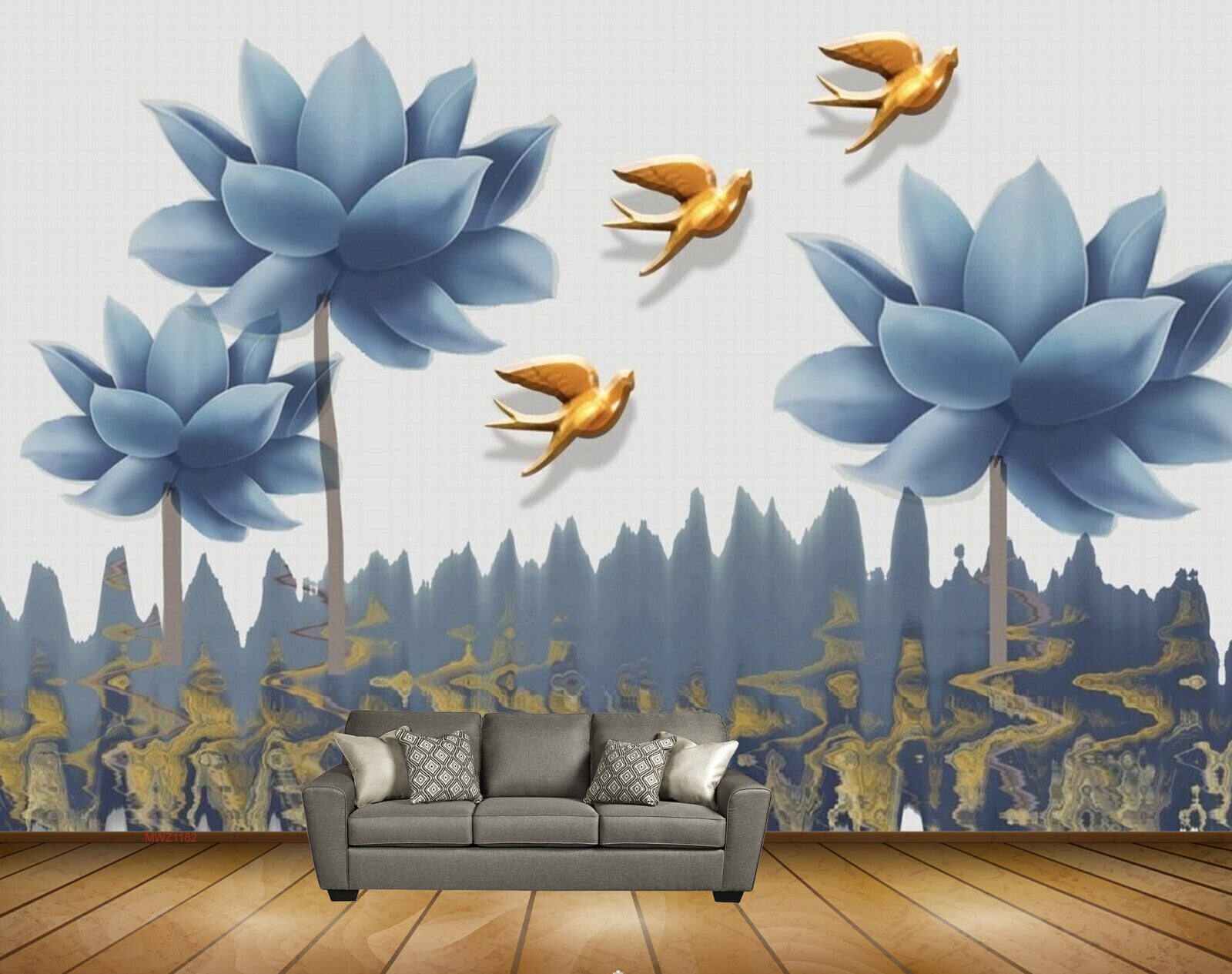 Avikalp MWZ1182 Blue Flowers Birds HD Wallpaper