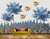Avikalp MWZ1182 Blue Flowers Birds 3D HD Wallpaper