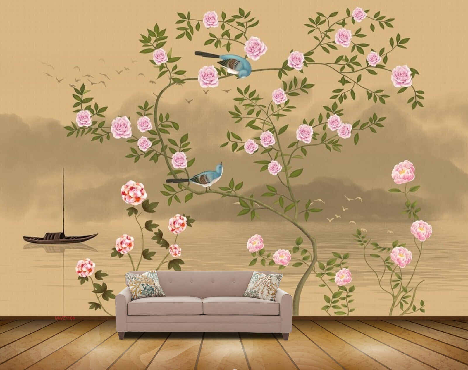 Avikalp MWZ1184 Pink Flowers Boat Tree Birds 3D HD Wallpaper