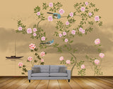 Avikalp MWZ1184 Pink Flowers Boat Tree Birds 3D HD Wallpaper