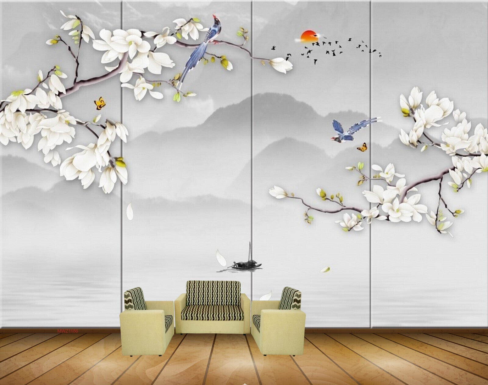 Avikalp MWZ1186 White Flowers Birds Sun Boat Butterflies 3D HD Wallpaper