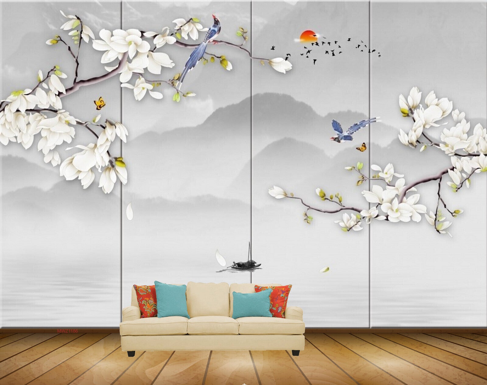 Avikalp MWZ1186 White Flowers Birds Sun Boat Butterflies 3D HD Wallpaper