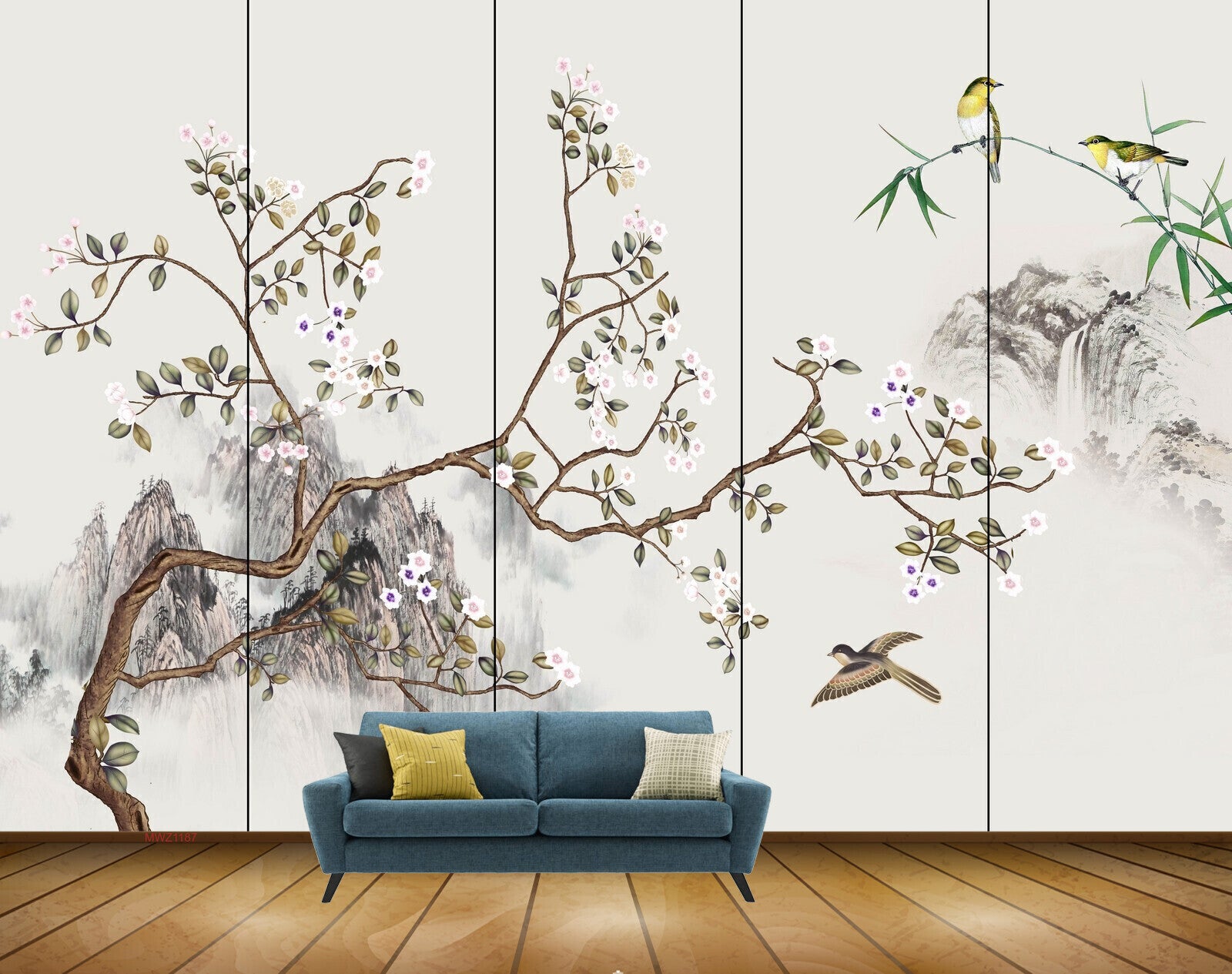 Avikalp MWZ1187 White Flowers Branches Birds 3D HD Wallpaper