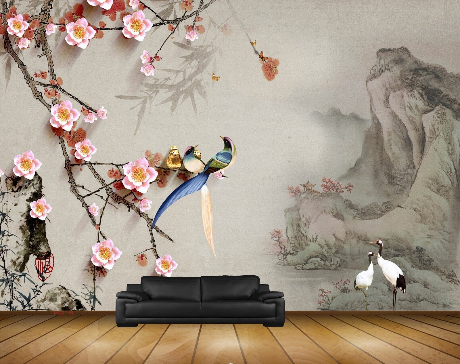 Avikalp MWZ1188 Pink Yellow Flowers Cranes Birds 3D HD Wallpaper