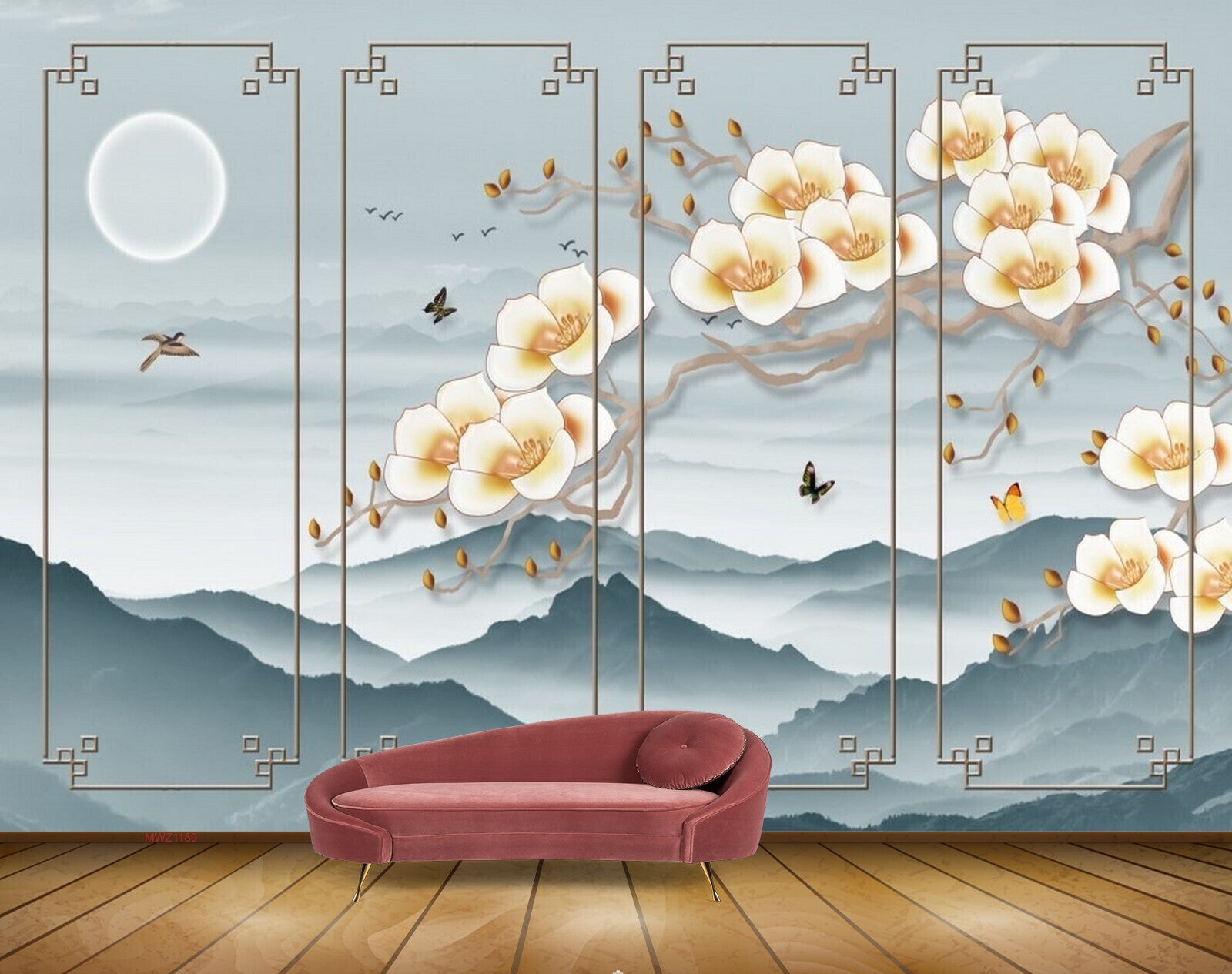 Avikalp MWZ1189 White Flowers Birds Moon Butterflies 3D HD Wallpaper