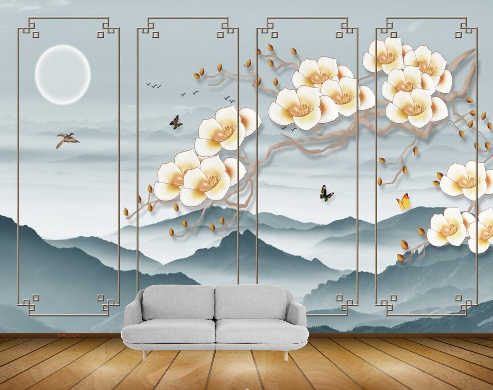 Avikalp MWZ1189 White Flowers Birds Moon Butterflies 3D HD Wallpaper