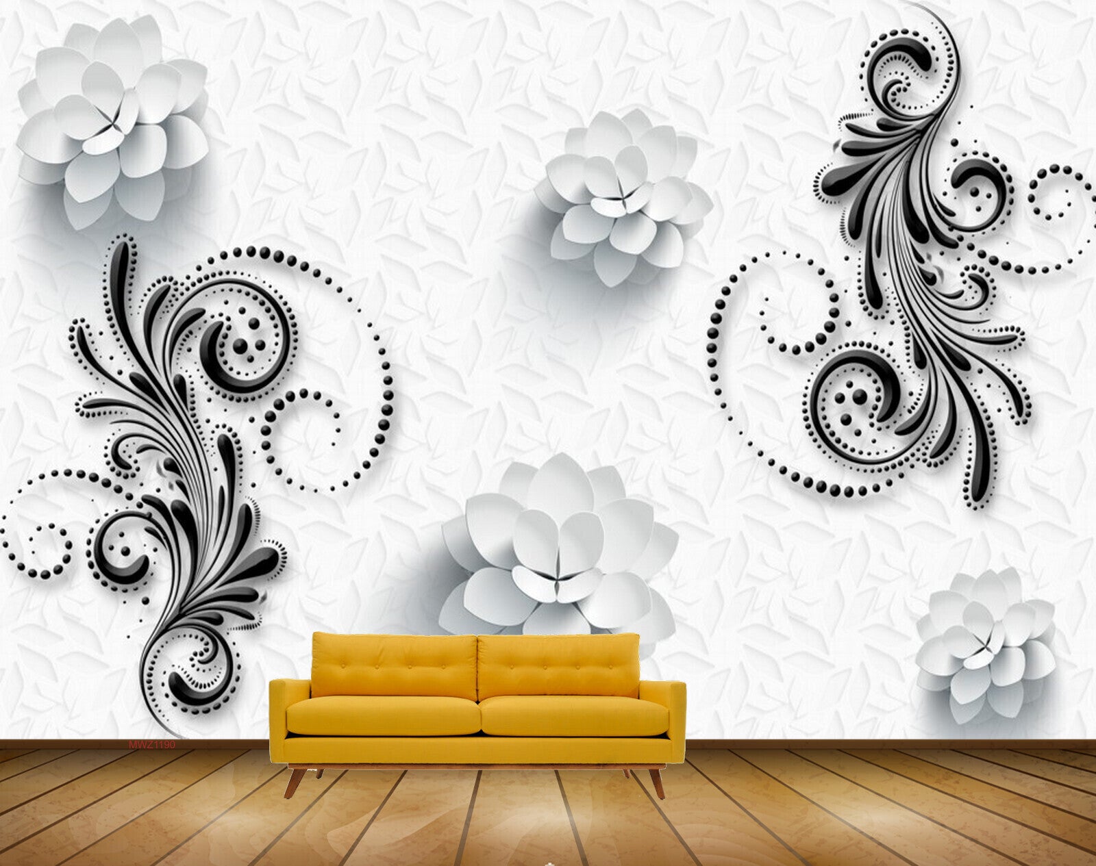 Avikalp MWZ1190 White Flowers Black Leaves 3D HD Wallpaper