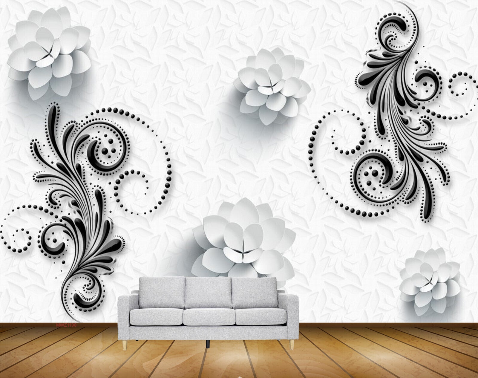 Avikalp MWZ1190 White Flowers Black Leaves 3D HD Wallpaper