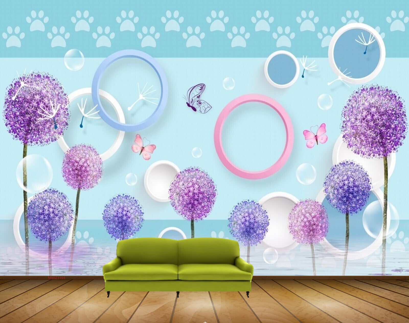 Avikalp MWZ1191 Blue Purple Flowers Butterflies 3D HD Wallpaper
