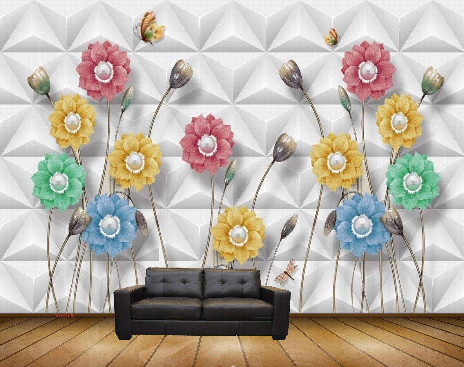 Avikalp MWZ1199 Pink Yellow Blue Green Flowers Butterflies 3D HD Wallpaper