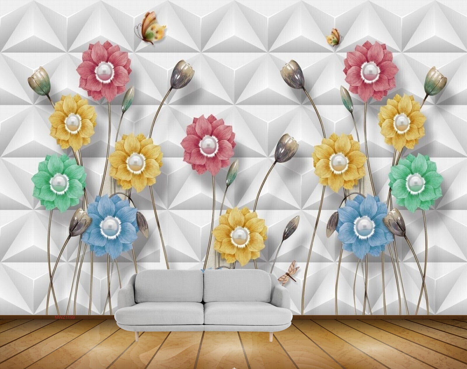 Avikalp MWZ1199 Pink Yellow Blue Green Flowers Butterflies 3D HD Wallpaper