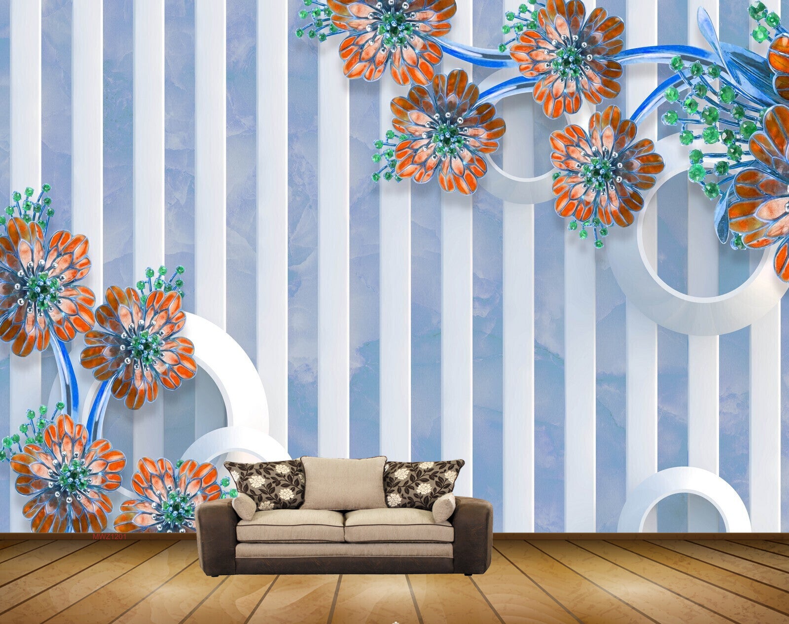 Avikalp MWZ1201 Orange Blue Flowers 3D HD Wallpaper