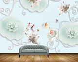 Avikalp MWZ1204 White Peach Flowers Fishes 3D HD Wallpaper