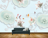 Avikalp MWZ1204 White Peach Flowers Fishes 3D HD Wallpaper