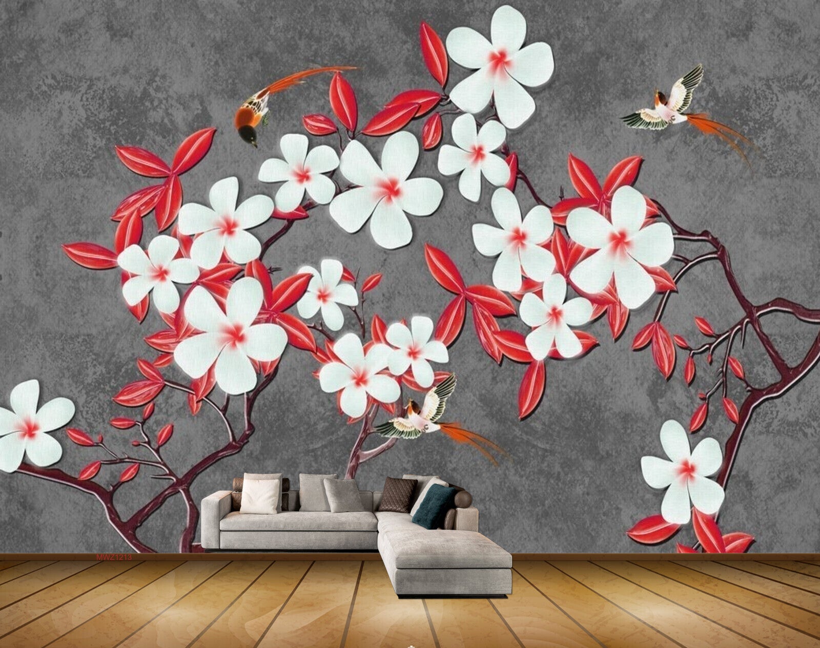 Avikalp MWZ1213 White Flowers Leaves Birds HD Wallpaper
