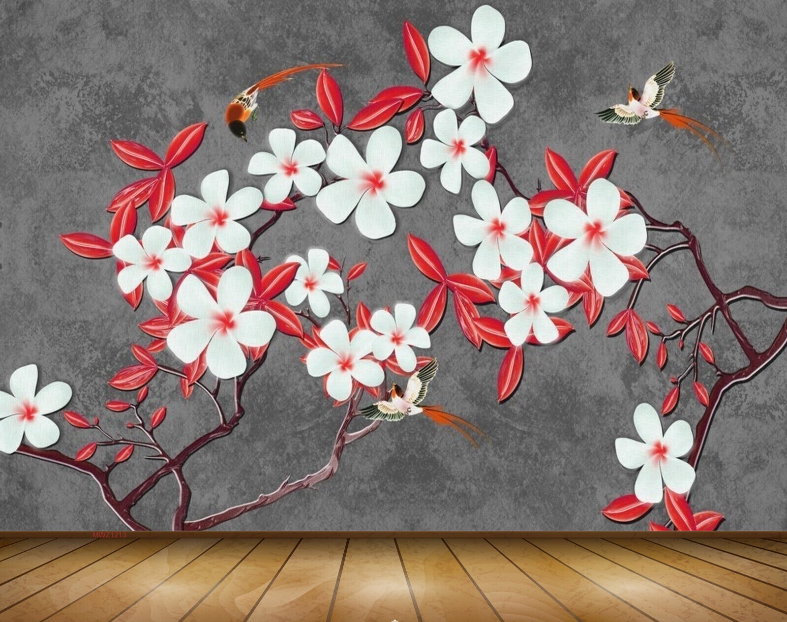 Avikalp MWZ1213 White Flowers Leaves Birds 3D HD Wallpaper