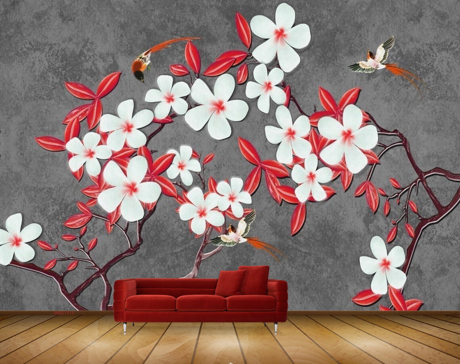 Avikalp MWZ1213 White Flowers Leaves Birds 3D HD Wallpaper