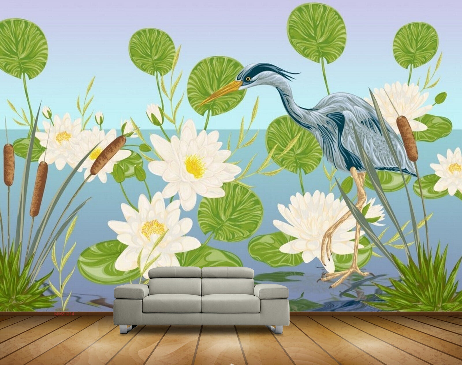 Avikalp MWZ1214 White Lotus Flowers Cranes Leaves HD Wallpaper