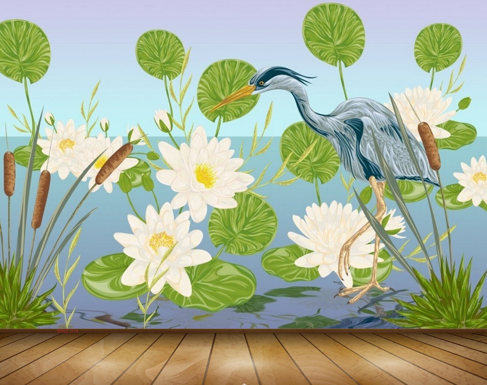 Avikalp MWZ1214 White Lotus Flowers Cranes Leaves 3D HD Wallpaper