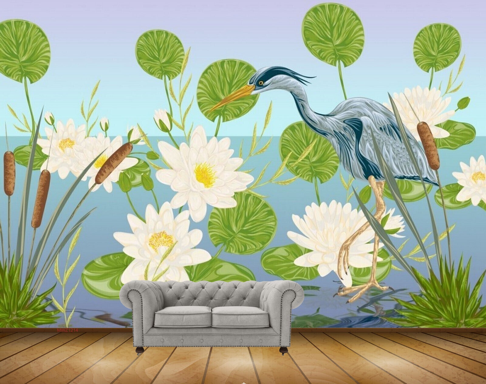 Avikalp MWZ1214 White Lotus Flowers Cranes Leaves 3D HD Wallpaper