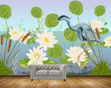 Avikalp MWZ1214 White Lotus Flowers Cranes Leaves 3D HD Wallpaper