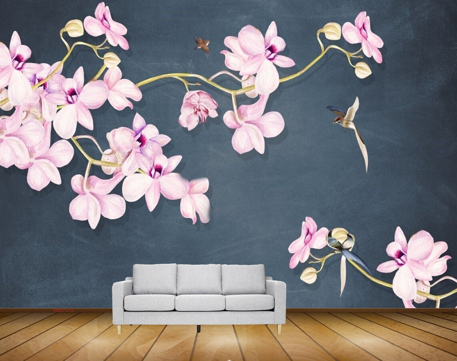 Avikalp MWZ1216 Pink Flowers Birds Butterflies 3D HD Wallpaper
