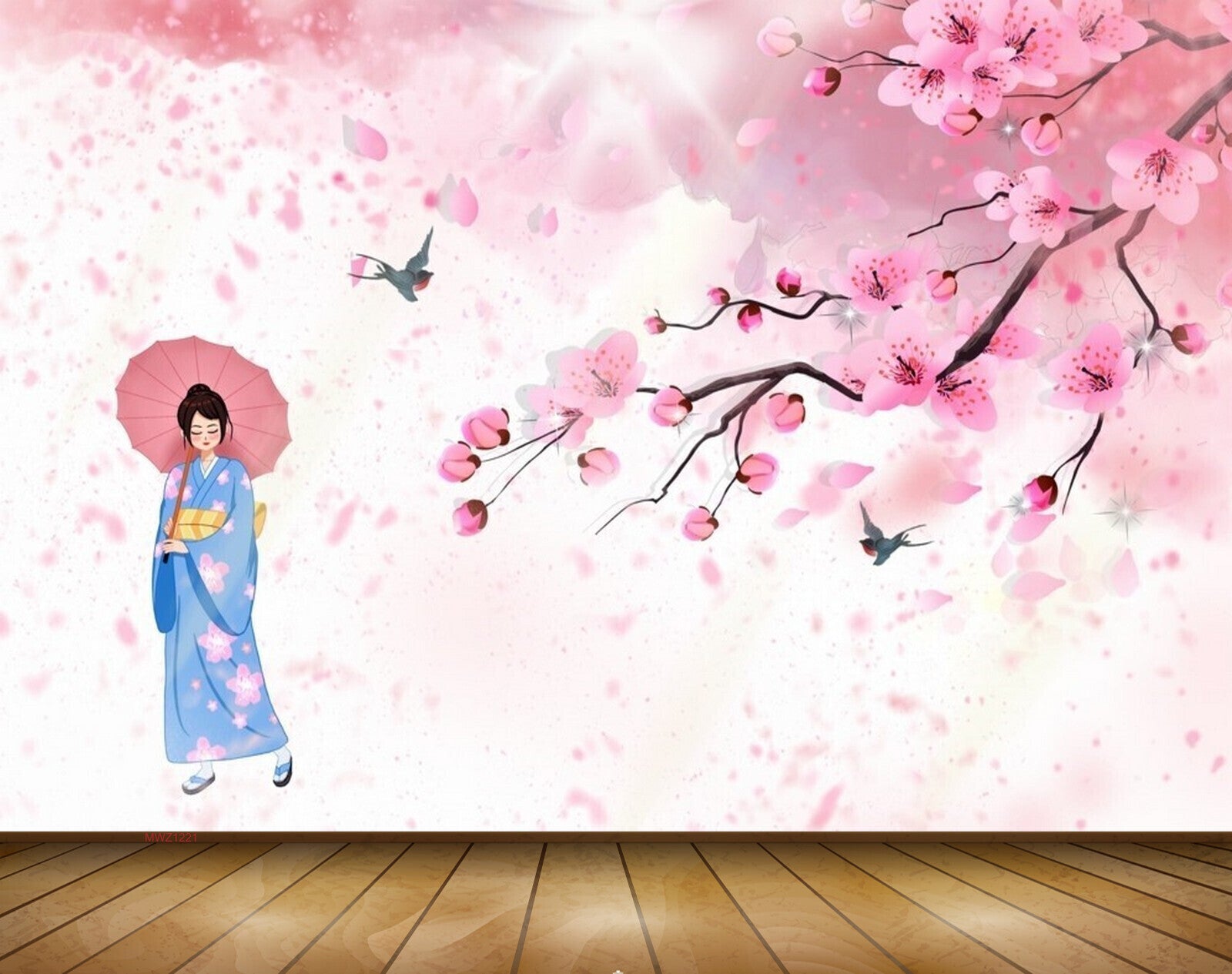 Avikalp MWZ1221 Girl Umbrella Pink Flowers Birds 3D HD Wallpaper