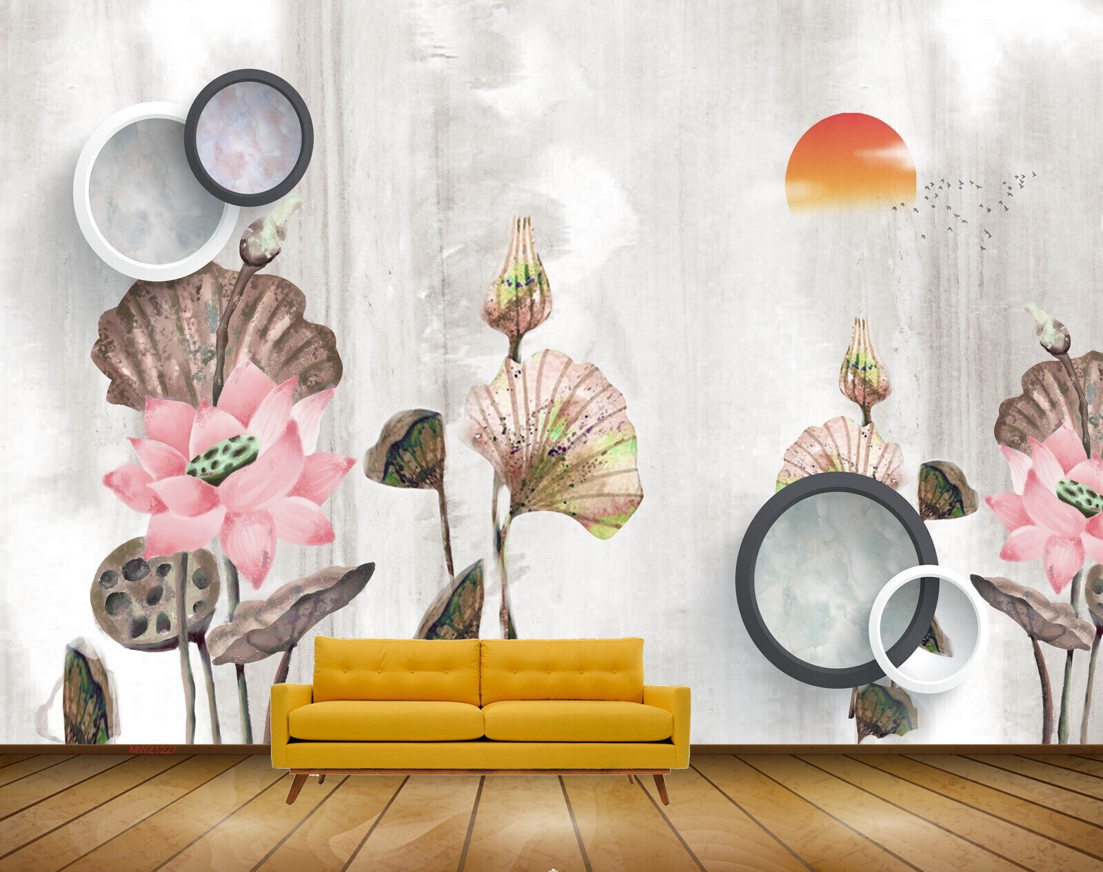 Avikalp MWZ1227 Pink Flowers Sun Birds 3D HD Wallpaper
