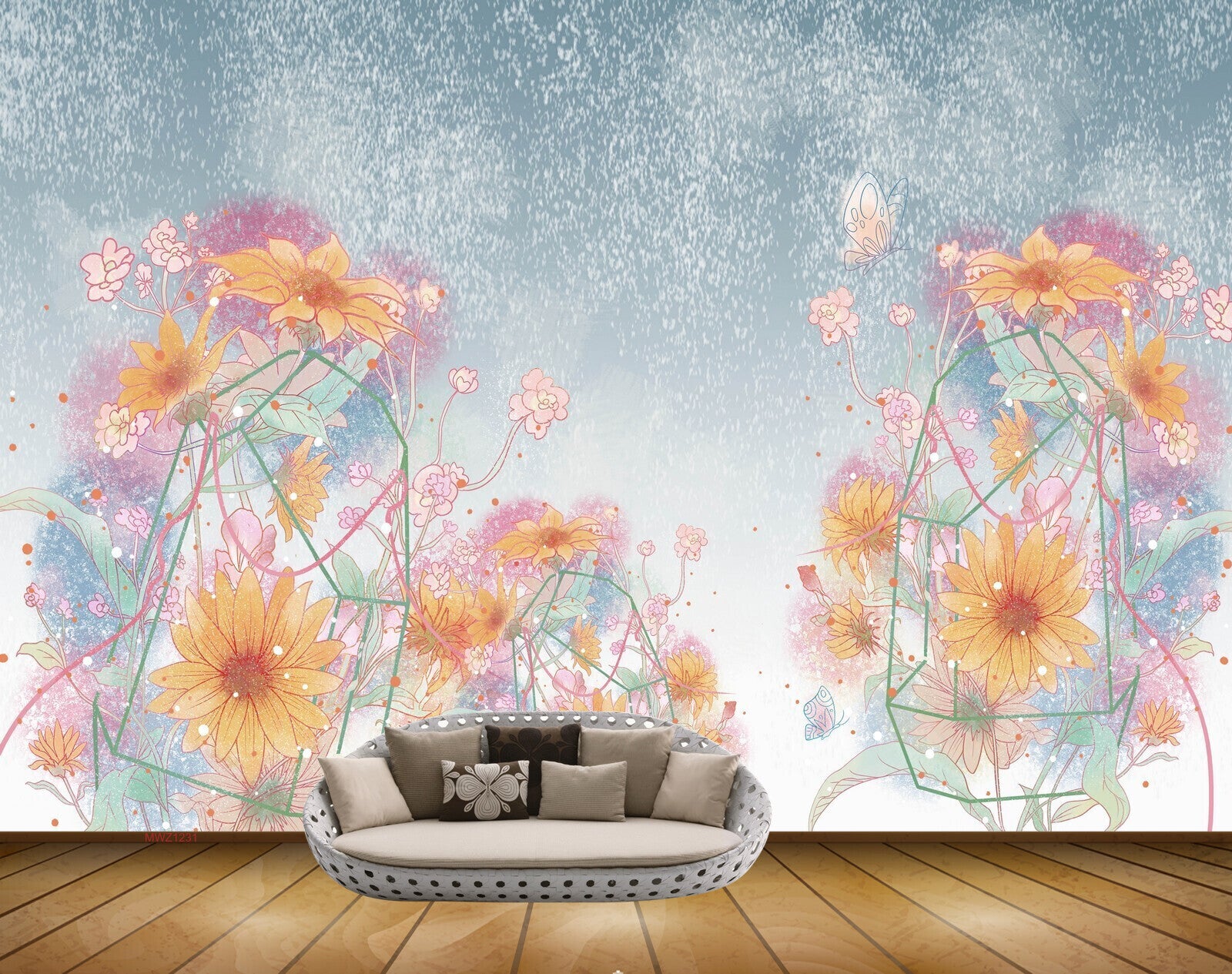 Avikalp MWZ1231 Orange Flowers Butterflies 3D HD Wallpaper