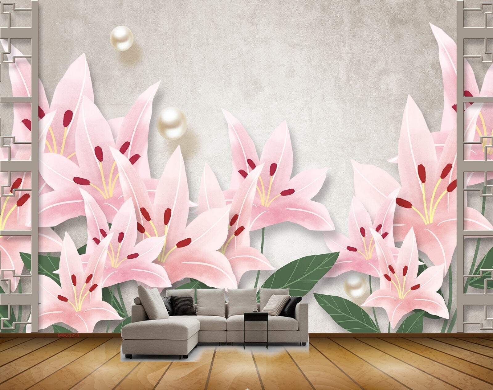 Avikalp MWZ1233 Pink Flowers Leaves 3D HD Wallpaper