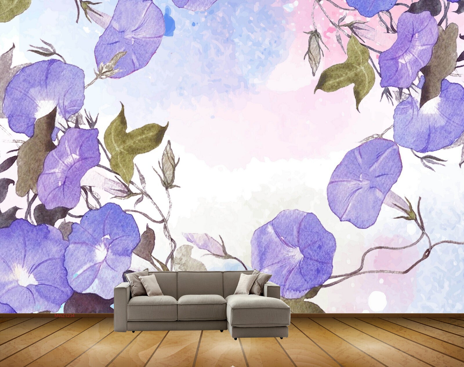 Avikalp MWZ1234 Blue Flowers Leaves 3D HD Wallpaper