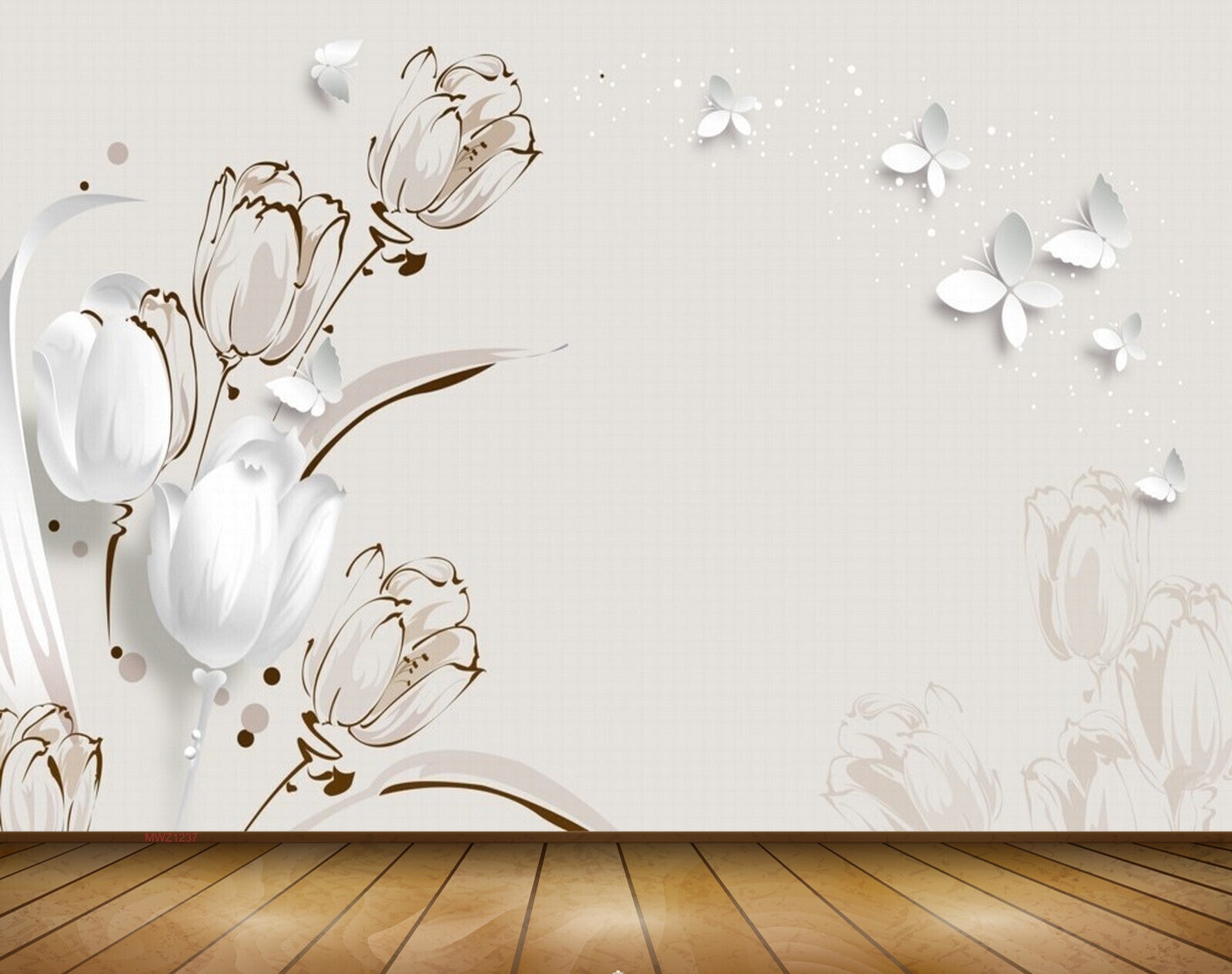 Avikalp MWZ1237 White Flowers Butterflies 3D HD Wallpaper