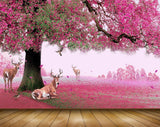 Avikalp MWZ1238 Pink Flowers Tree Deers Birds 3D HD Wallpaper
