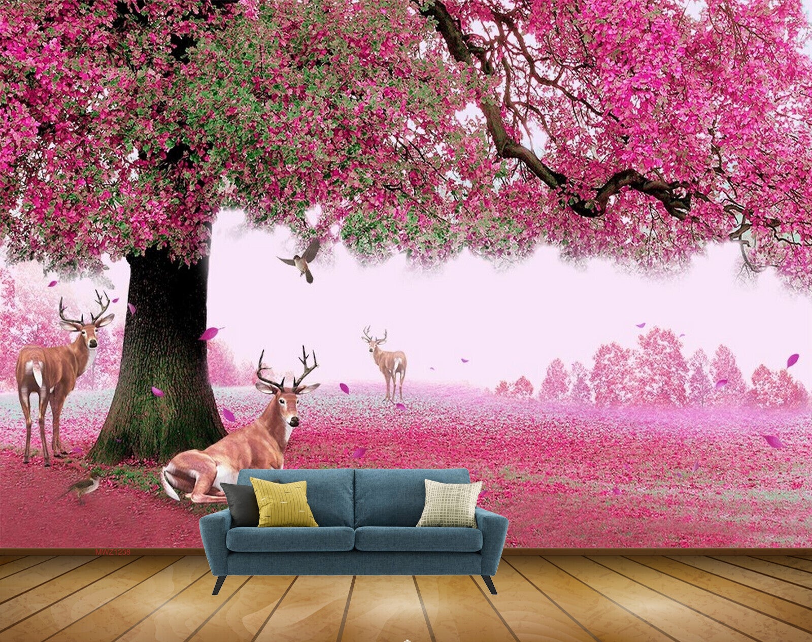 Avikalp MWZ1238 Pink Flowers Tree Deers Birds 3D HD Wallpaper