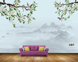 Avikalp MWZ1240 White Flowers Branches Boat River Birds HD Wallpaper