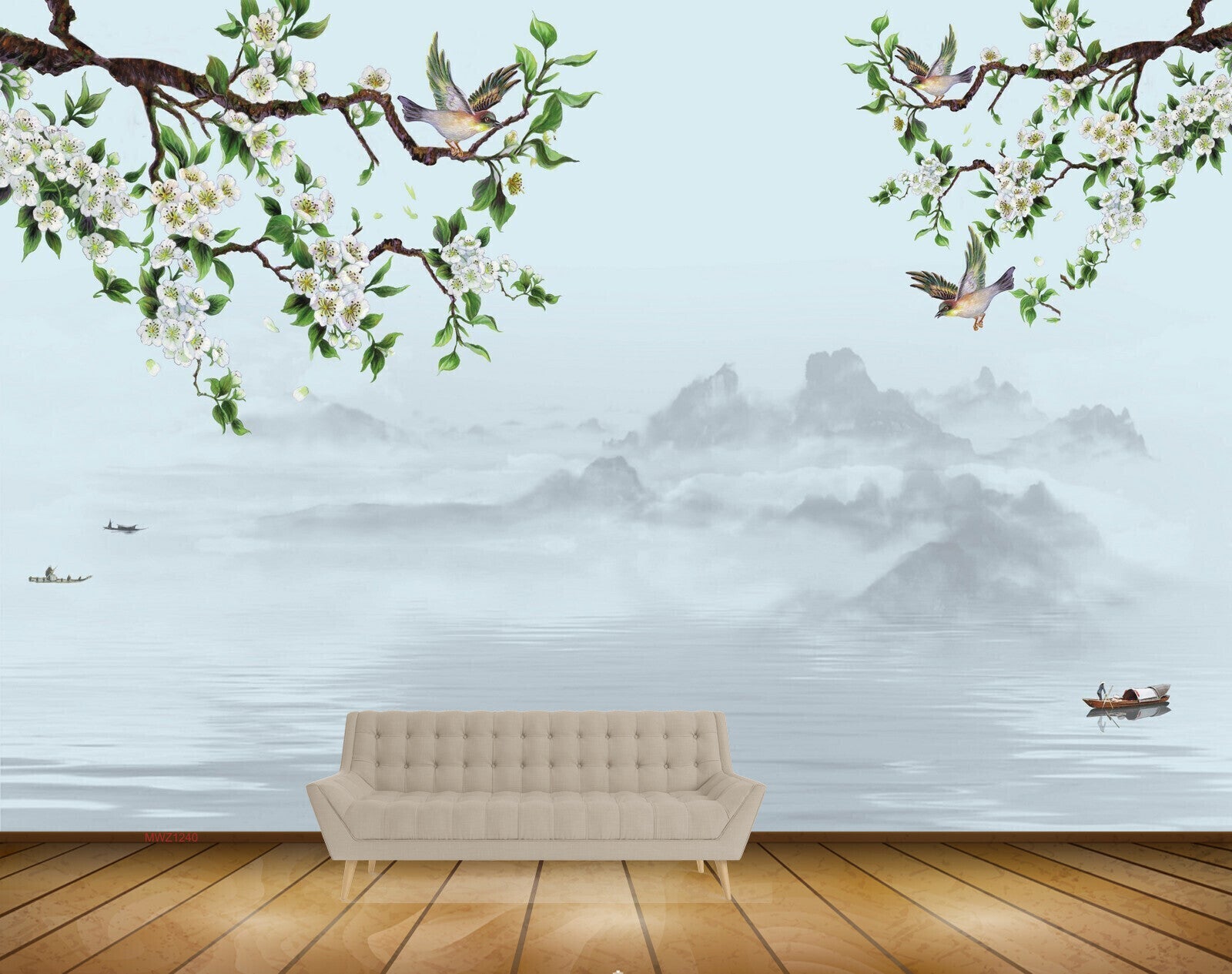 Avikalp MWZ1240 White Flowers Branches Boat River Birds 3D HD Wallpaper