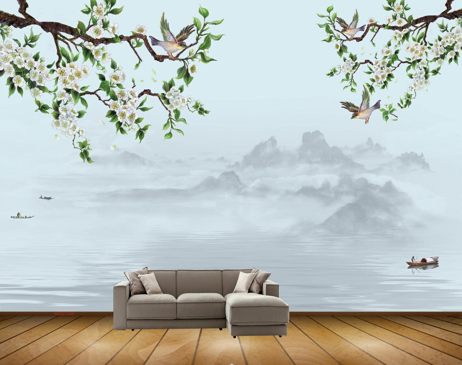 Avikalp MWZ1240 White Flowers Branches Boat River Birds 3D HD Wallpaper