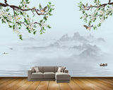 Avikalp MWZ1240 White Flowers Branches Boat River Birds 3D HD Wallpaper