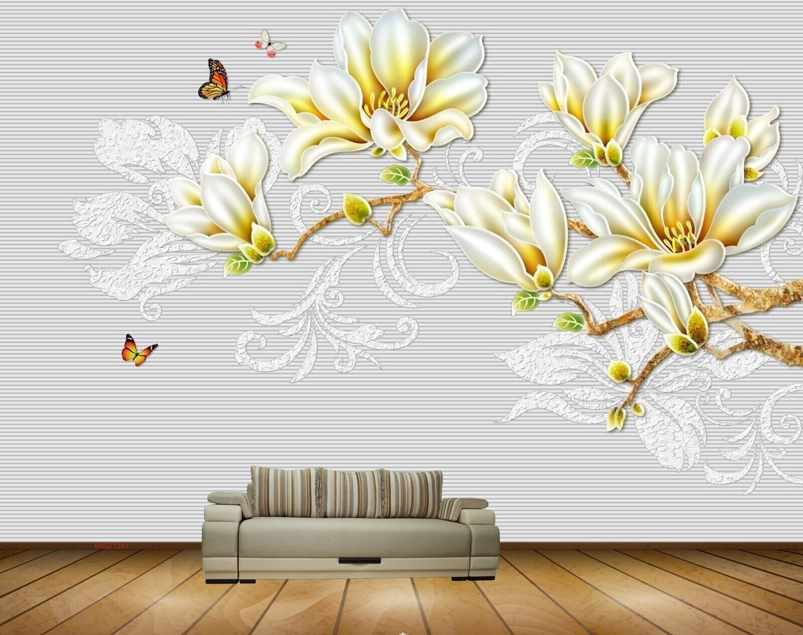 Avikalp MWZ1241 White Yellow Flowers Butterflies HD Wallpaper