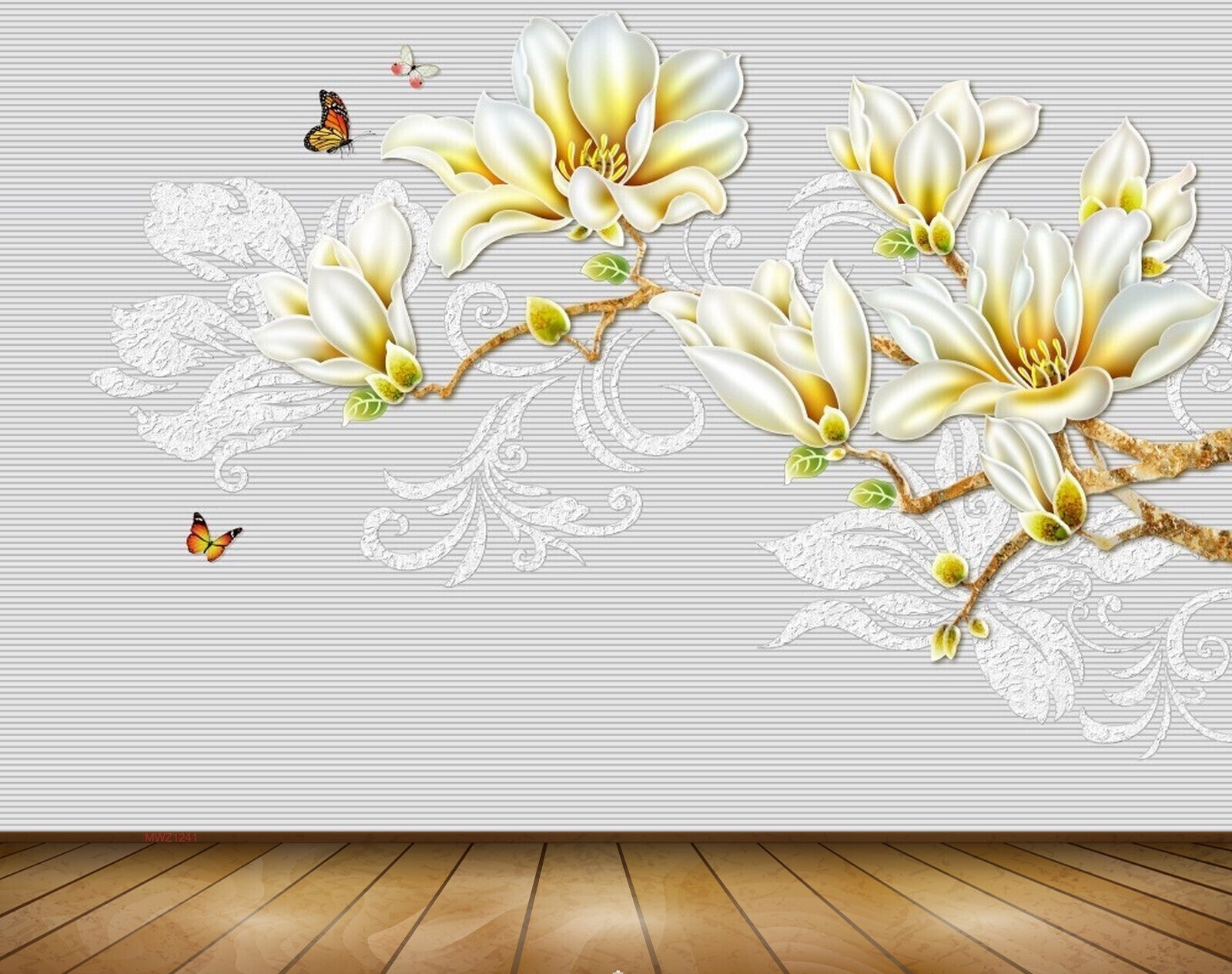 Avikalp MWZ1241 White Yellow Flowers Butterflies 3D HD Wallpaper