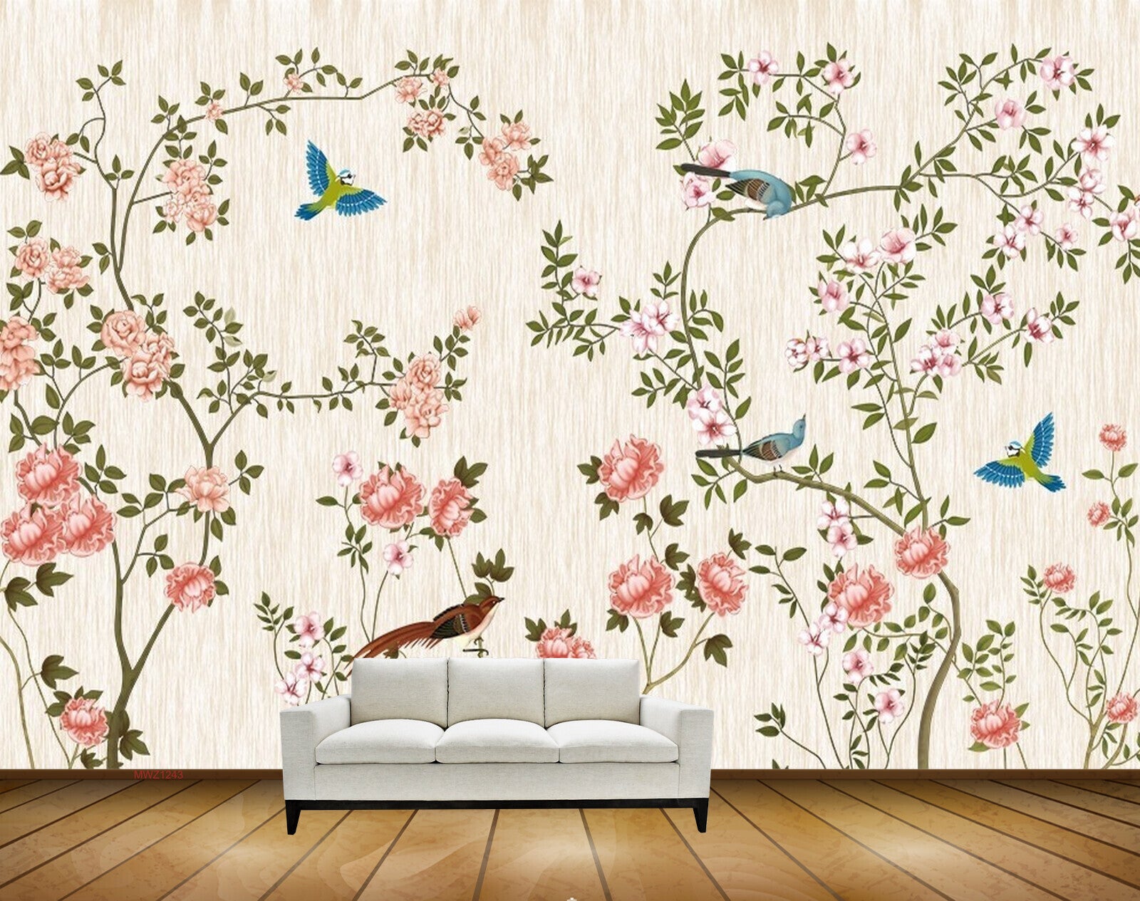 Avikalp MWZ1243 Pink White Flowers Birds HD Wallpaper
