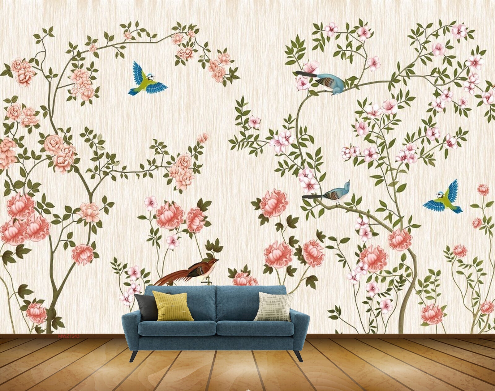 Avikalp MWZ1243 Pink White Flowers Birds 3D HD Wallpaper