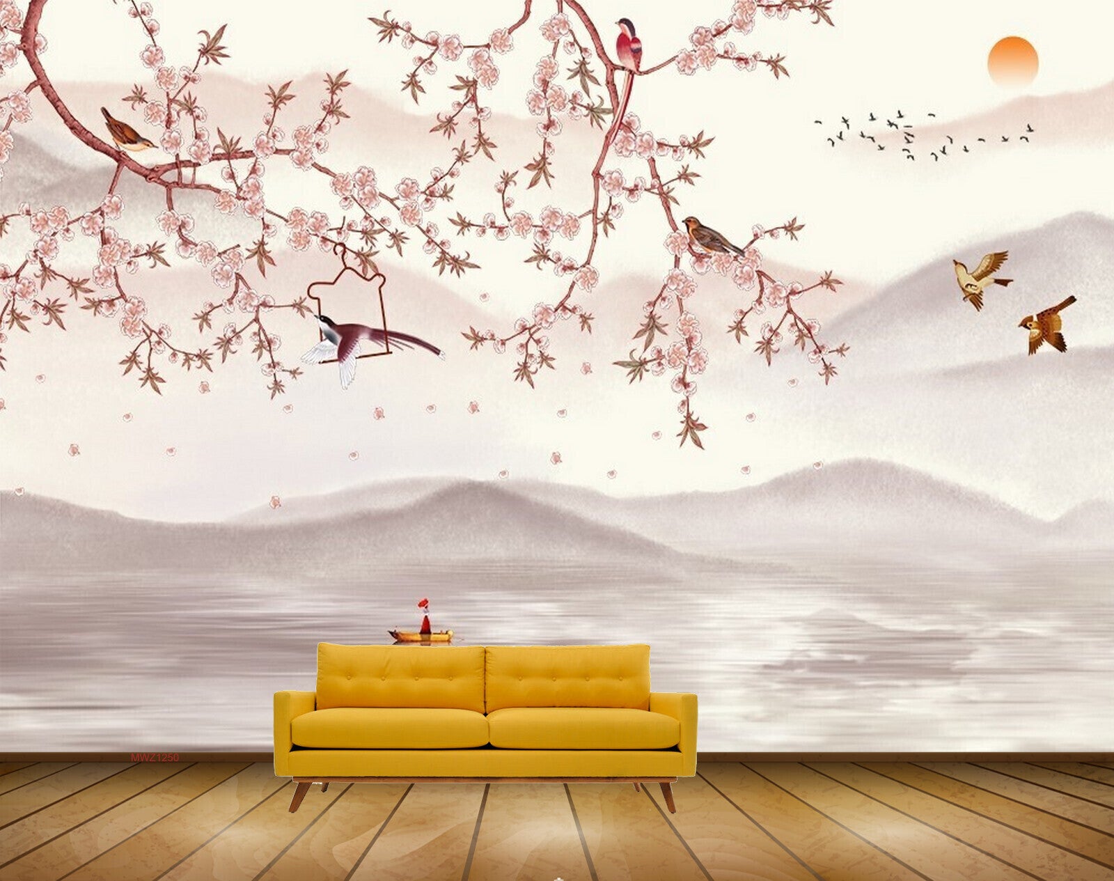 Avikalp MWZ1250 Pink White Flowers Birds Sun Boat 3D HD Wallpaper