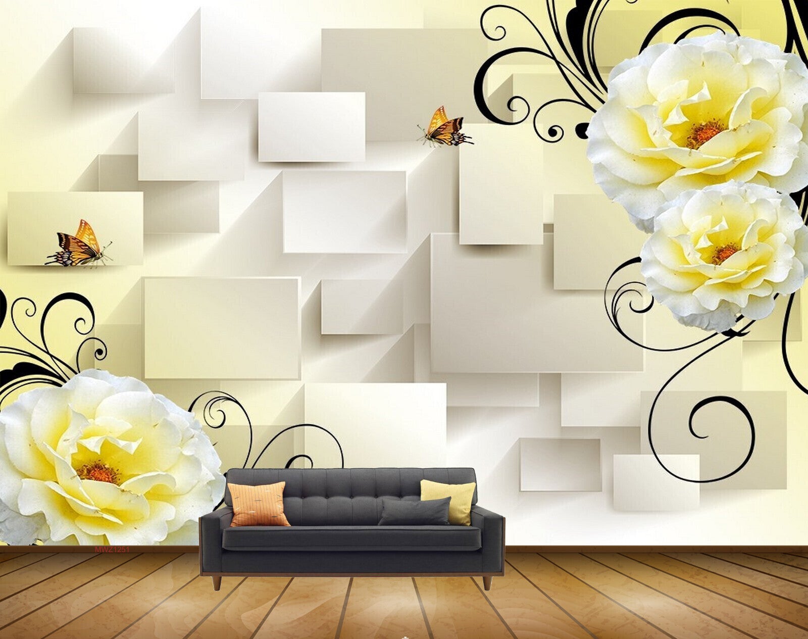 Avikalp MWZ1251 Yellow White Flowers Butterflies 3D HD Wallpaper