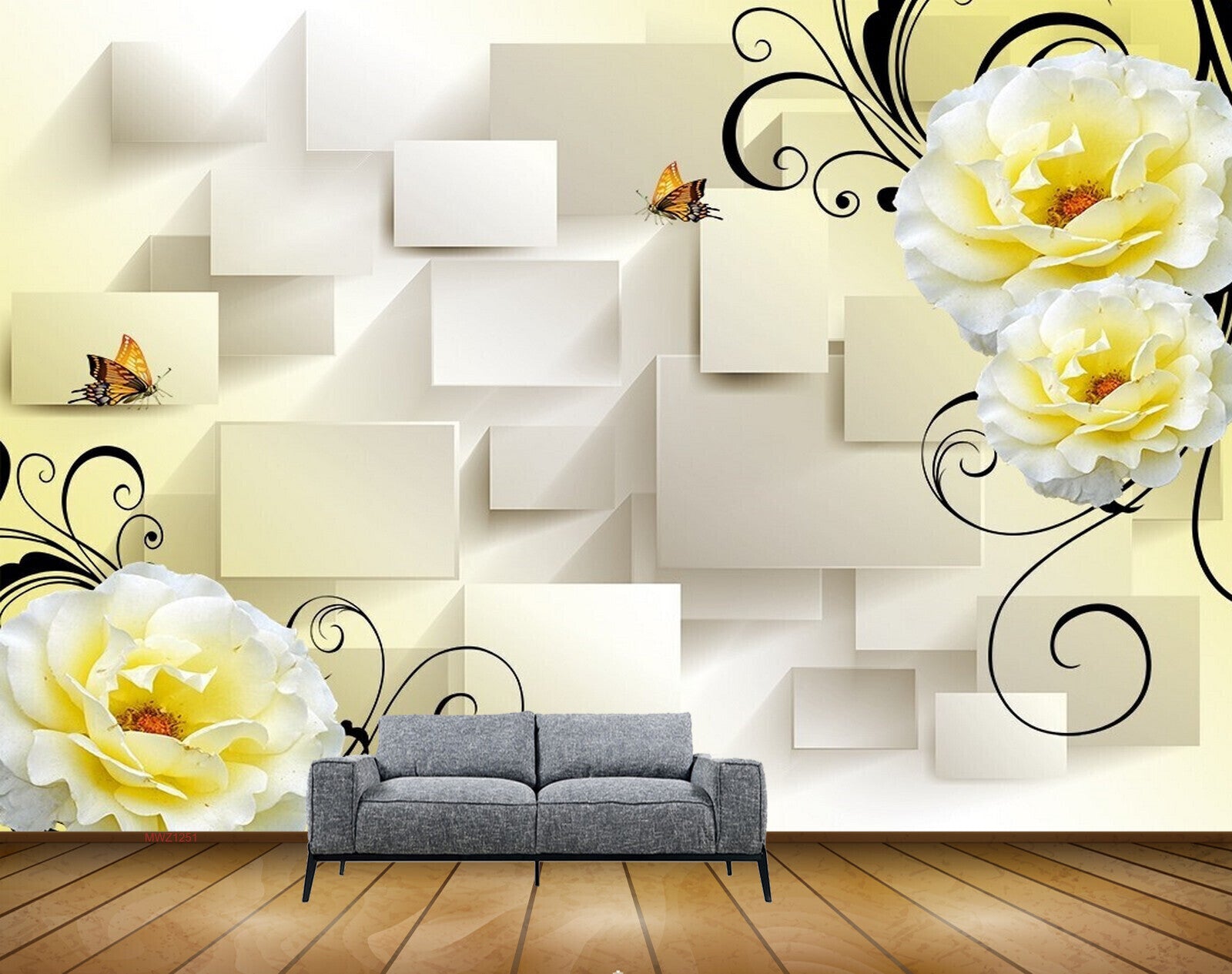 Avikalp MWZ1251 Yellow White Flowers Butterflies 3D HD Wallpaper