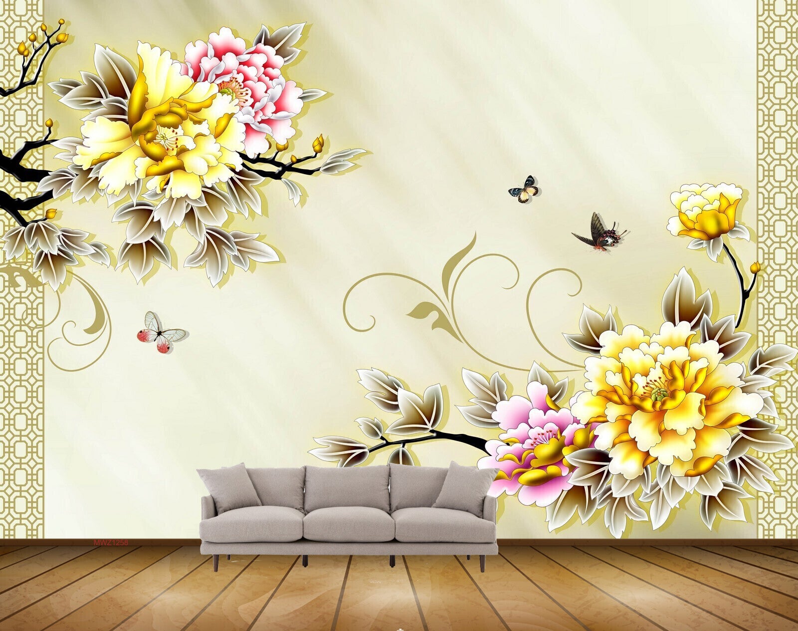 Avikalp MWZ1258 Yellow Pink Flowers Butterflies HD Wallpaper