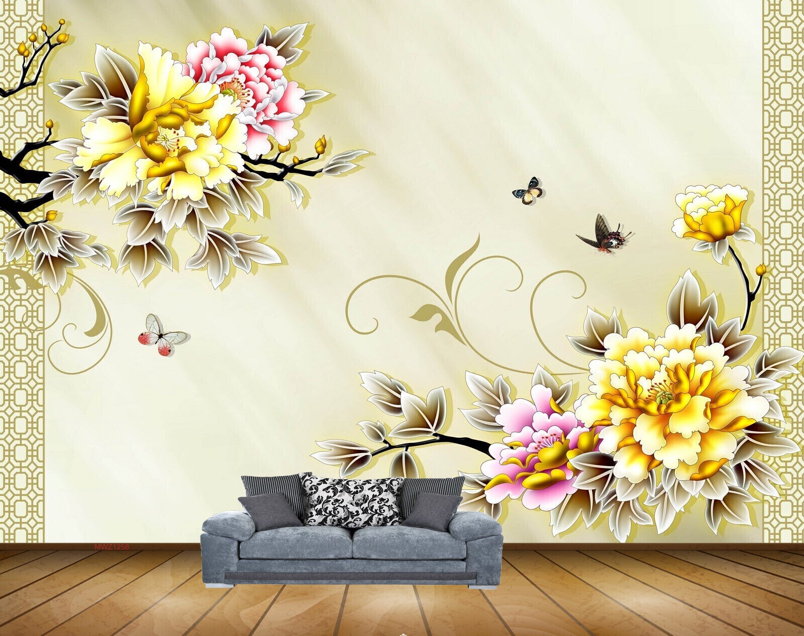 Avikalp MWZ1258 Yellow Pink Flowers Butterflies 3D HD Wallpaper
