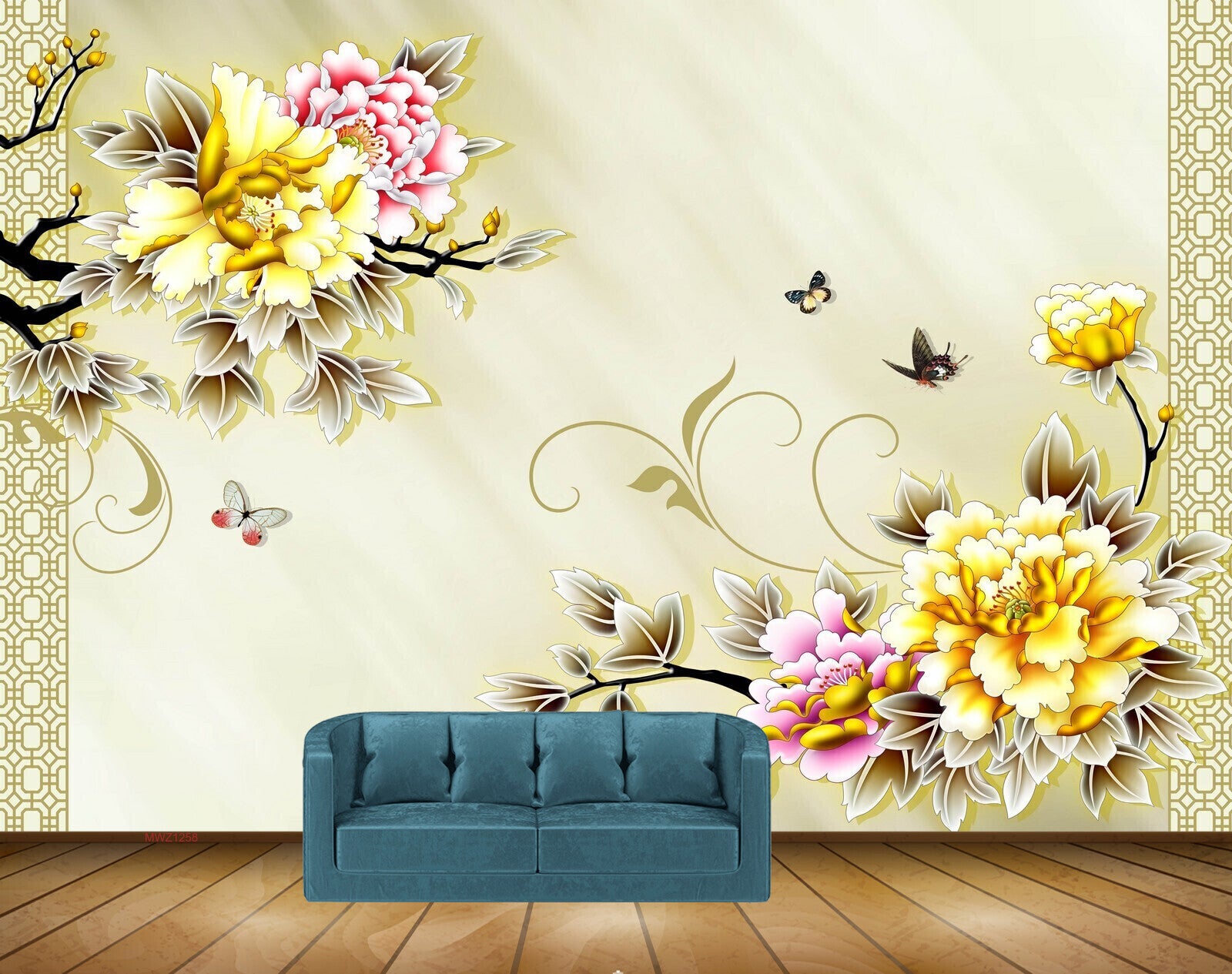 Avikalp MWZ1258 Yellow Pink Flowers Butterflies 3D HD Wallpaper