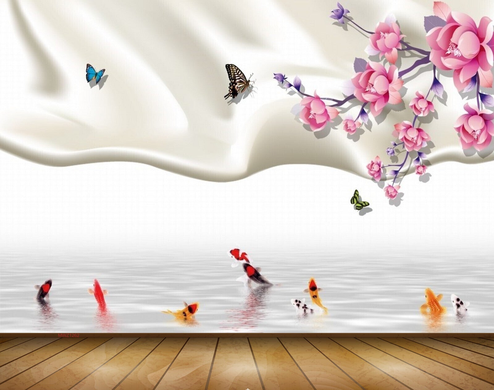 Avikalp MWZ1262 Pink White Flowers Butterflies Fishes 3D HD Wallpaper